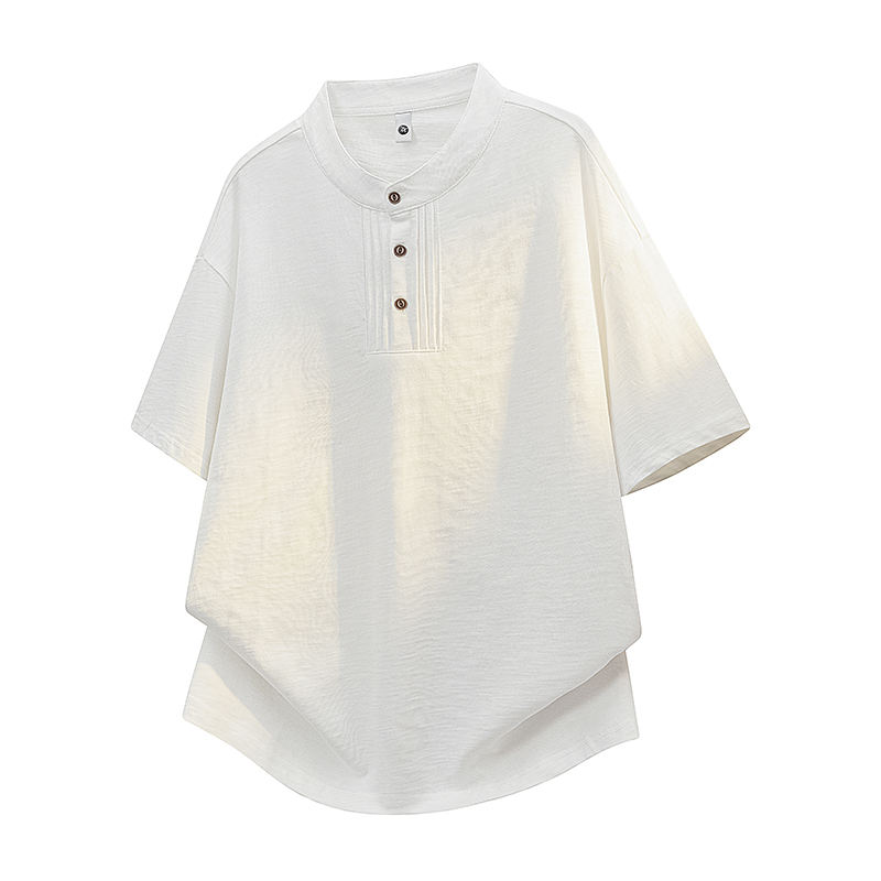 실사 여름 새로운 일본식 헨리 칼라 반팔 티셔츠 남자 순면 루즈핏 캐주얼 반소매 순면 맨위