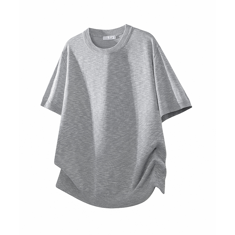 실사 여름 새로운 일본식 단색 니트 반팔 티셔츠 남자 루즈핏 통기성 다용도 라운드 넥 기본 셔츠