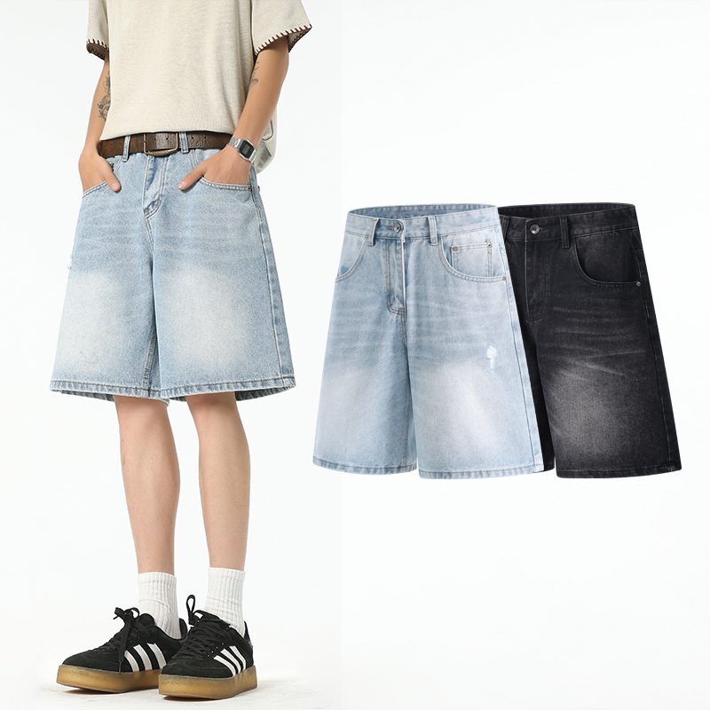 실사 2026 여름 새로운 아메리칸 레트로 마 오래된 5 점 데님 반바지 루즈핏 스트레이트 찢어진 부분 바지 남자