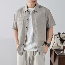批发实拍2026夏季新款美式休闲泡泡纱肌理感<b class='q'>衬衫</b>冰丝透气薄款<b class='q'>衬衣</b>男