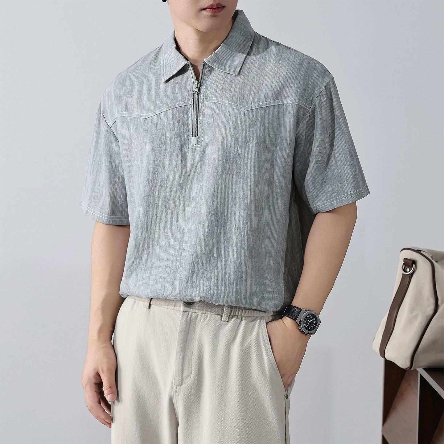 실사 여름 새로운 오래된 돈 바람 익스트림 제인 아마 통기성 얇은 헨리 POLO 칼라 반팔 티셔츠 남자