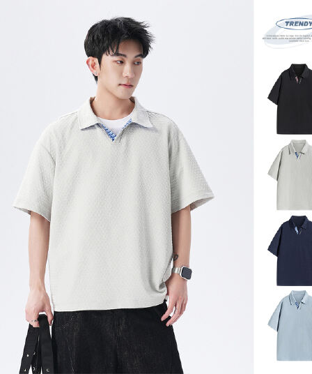 실사 여름 새로운 조수 브랜드 V넥 자카드 POLO 셔츠 반팔 남자 무거운 폴로 칼라 동정 맨위