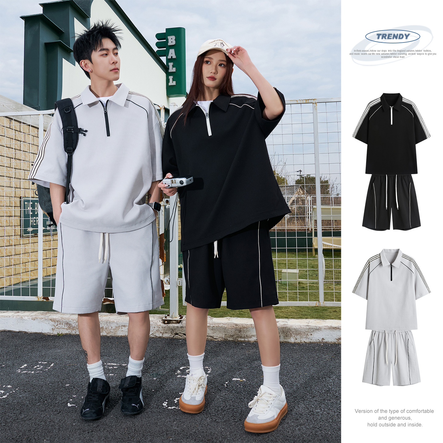 실사 여름 새로운 루즈핏 폴로 칼라 하프 지퍼 POLO 셔츠 투피스 세트 미니멀리즘 출퇴근 다용도 캐주얼 세트