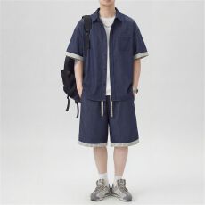 批发实拍<b class='q'>夏</b>季新款套装男斜纹仿牛仔科技面料撞色拼接宽松日系高街通勤