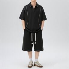 实拍夏季新款休闲套装男短袖新氧棉针织运动套装宽松透气拼接短裤