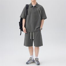 实拍夏季新款休闲套装男短袖运动套装宽松透气拼接短裤一套搭配