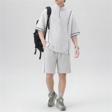 实拍夏季新款休闲套装男短袖针织运动套装宽松透气拼接一套搭配