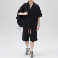 实拍夏季新款休闲套装男翻领短袖针织弹力运动套装宽松透气一套