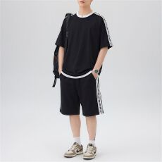 实拍夏季新款休闲套装男假两件短袖针织运动套装宽松透气一套搭配