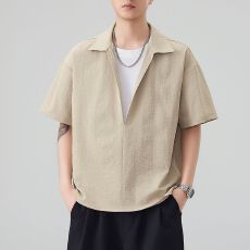 批发实拍夏季新款短袖衬衫男砂洗起泡弹力斜纹V领开衫假两件设计通勤t