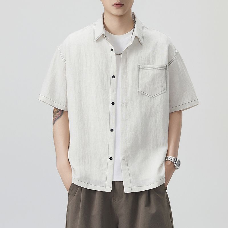 실사 새로운 반팔 셔츠 남자 라이 경기 서울 아마 주간 실크 일본식 루즈핏 작은 청신 단색 미니멀리즘 셔츠