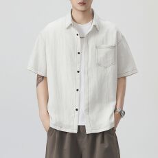 实拍新款短袖衬衫男莱赛尔亚麻天丝日系宽松小清新纯色简约衬衣