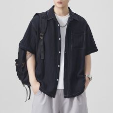 实拍夏季新款短袖t衬衫男莱赛尔亚麻天丝日系宽松纯色简约衬衣