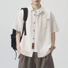实拍夏季新款短袖衬衫男莱赛尔亚麻天丝日系宽松纯色简约衬衣