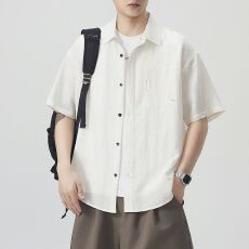 实拍夏季新款老钱风短袖衬衫男莱赛尔亚麻天丝宽松纯色简约衬衣