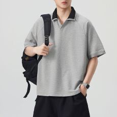 实拍夏季新款POLO短袖T恤律动格面料210GV领潮流舒适宽松撞色拼接