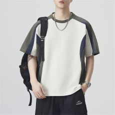 批发实拍夏季新款短袖T恤男速干<b class='q'>复古</b>拼接百搭宽松潮流<b class='q'>日系</b>纯色短袖t恤