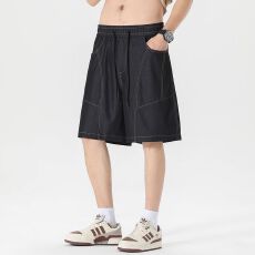 实拍夏季新款垂感原牛五分裤丹宁全松紧牛仔直筒宽松休闲短裤男
