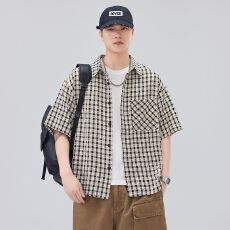 批发实拍夏季新款格子短袖<b class='q'>衬衫</b><b class='q'>男</b>宽松百搭<b class='q'>韩版</b>简约贴袋设计<b class='q'>衬衣</b>