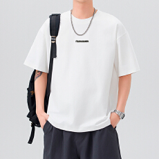 批发实拍夏季<b class='q'>潮</b>牌双纱面料重磅纯棉短袖T恤男百搭简约立体印花上衣
