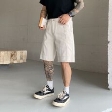 实拍美式休闲痞帅户外伐木工装牛仔短裤男士纯棉宽松五分裤子