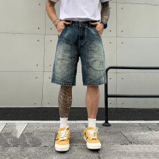 实拍美式高街设计感牛仔短裤男夏季怀旧蓝做旧拼接宽松五分裤