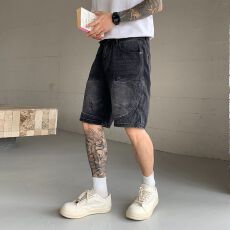 实拍美式高街重工水洗牛仔短裤男夏季黑色做旧拼接宽松五分裤