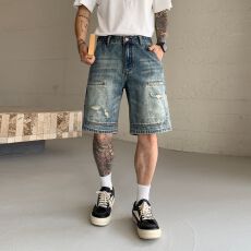 批发实拍夏季新款美式工装多口袋拼接牛仔短裤<b class='q'>男士</b>潮流个性百搭五分裤
