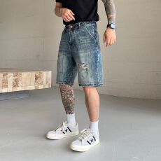 实拍夏季高端做旧泼漆破洞牛仔中裤男潮流复古高街美式百搭五分裤