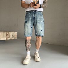 实拍美式街头痞帅刮烂泼墨十字架刺绣牛仔裤男潮流休闲五分裤