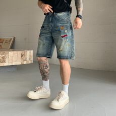 实拍夏季新款刺绣破洞复古牛仔短裤男潮流痞帅个性直筒五分裤