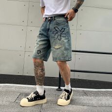 实拍夏季新款刺绣泼墨复古牛仔短裤男潮流痞帅个性直筒五分裤