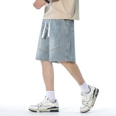 实拍夏季新款松紧腰设计牛仔短裤男宽松百搭简约五分裤