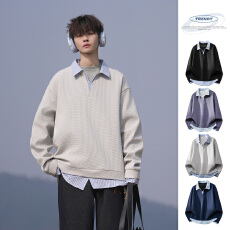 批发实拍秋季新款拼接假两件小V领卫衣<b class='q'>男</b>潮牌衬<b class='q'>衫</b>领<b class='q'>POLO</b><b class='q'>衫</b>长袖上衣
