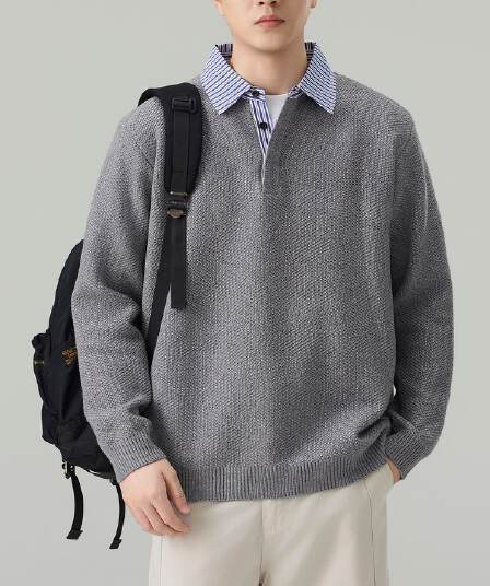 실사 2026 가을 겨울 새로운 페이크 레이어드 POLO 셔츠 스웨터 남녀 오래된 돈 바람 두꺼운 니트 스웨터 맨위