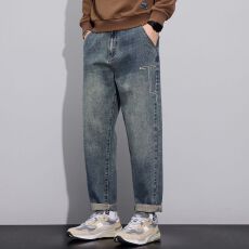 批发实拍秋冬新款美式复古宽松锥型简约<b class='q'>潮</b>流牛仔裤男百搭小直筒长裤