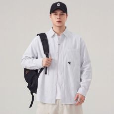 批发实拍长袖<b class='q'>衬衫</b>男士秋季新款条纹翻领休闲<b class='q'>衬衣</b>潮流日系复古绣标外套