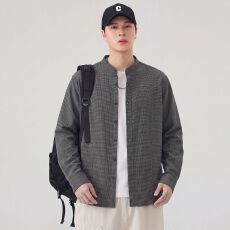 批发实拍格子立领<b class='q'>衬衫</b>男士2026秋季新款拼接长袖<b class='q'>衬衣</b>外套潮流美式复古