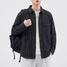 批发实拍美式复古重磅色织牛仔条纹衬衫男<b class='q'>潮</b>流宽松百搭老钱风轻奢休闲