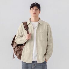 批发实拍秋季新款条纹衬衫男士翻领百搭休闲衬衣<b class='q'>日系</b><b class='q'>复古</b>潮牌轻量上衣