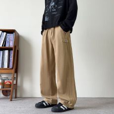 实拍秋冬新款全棉休闲裤男宽松百搭洗水复古简约拼接舒适直筒裤