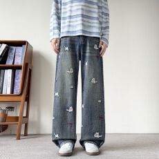 实拍秋冬美式复古刺绣牛仔宽松直筒裤男宽松水洗阔腿拖地弯刀长裤