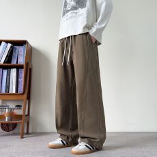 批发实拍<b class='q'>秋</b>冬新款全棉直筒休闲裤男女宽松百搭洗水复古拼接结构阔腿裤