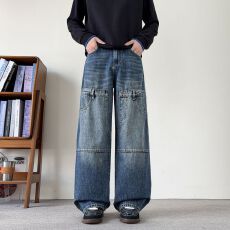 批发实拍美式高街潮牌工装<b class='q'>牛仔</b>裤秋冬阔腿直筒百搭休闲裤cleanfit<b class='q'>长裤</b>