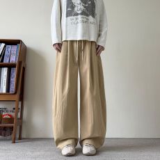 实拍美式cleanfit宽松阔腿弯刀裤男女百搭拼接松紧腰休闲裤