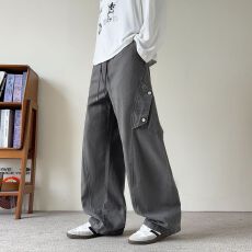 实拍秋新款美式复古洗水工装裤全棉宽松百搭休闲松紧腰长裤