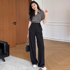 官图城市通勤王黑灰高级撞色收腰衬衫 +显瘦直筒裤