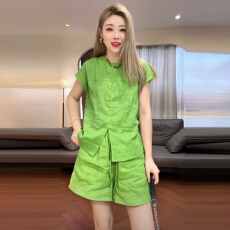 批发官图 绿色亚麻减龄显白显瘦短袖短<b class='q'>裤</b>套<b class='q'>装</b>2025年夏季新款宽松显瘦