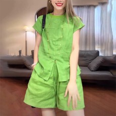 批发官图 绿色亚麻减龄显白显瘦短袖短<b class='q'>裤</b>套<b class='q'>装</b>2025年夏季新款宽松显瘦