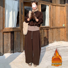 批发官图 冬季新款韩版百搭休闲毛领抽绳加绒<b class='q'>卫衣</b>松紧腰阔腿裤<b class='q'>两件</b>套